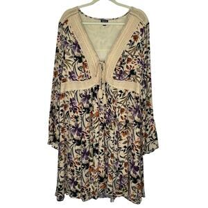 Torrid beige floral V-neck bohemian dress lace trim size 2 (2X)